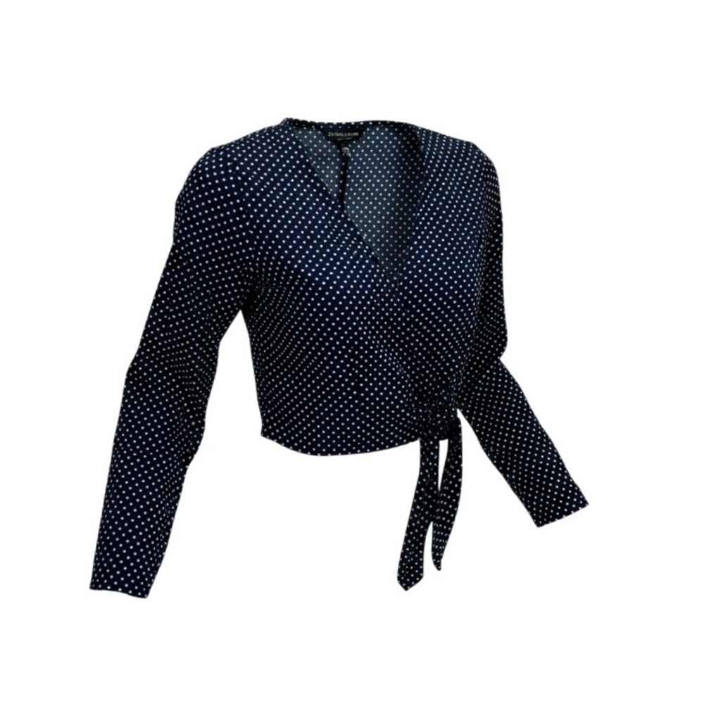 The Fifth‎ Label Navy Blue Polka Dot Long Sleeve Cropped Wrap Top Women's XS - Picture 2 of 5